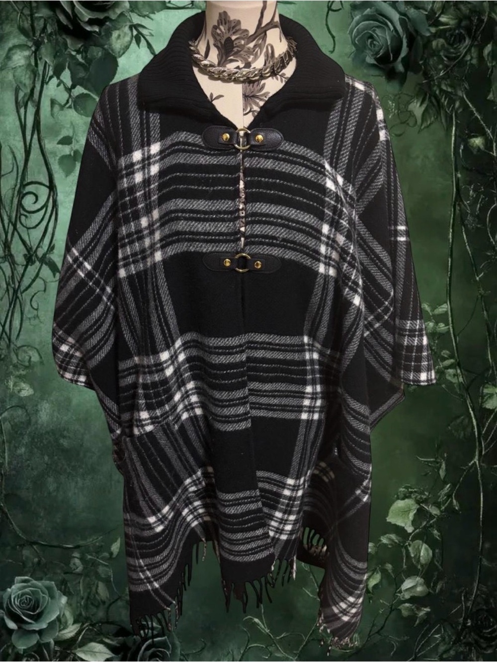 Black & Gray Plaid Toggle Fringe Cape with Ribbed Collar